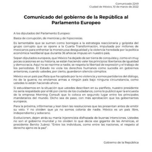POLÉMICO COMUNICADO DEL GOBIERNO DE MÉXICO AL PARLAMENTO EUROPEO