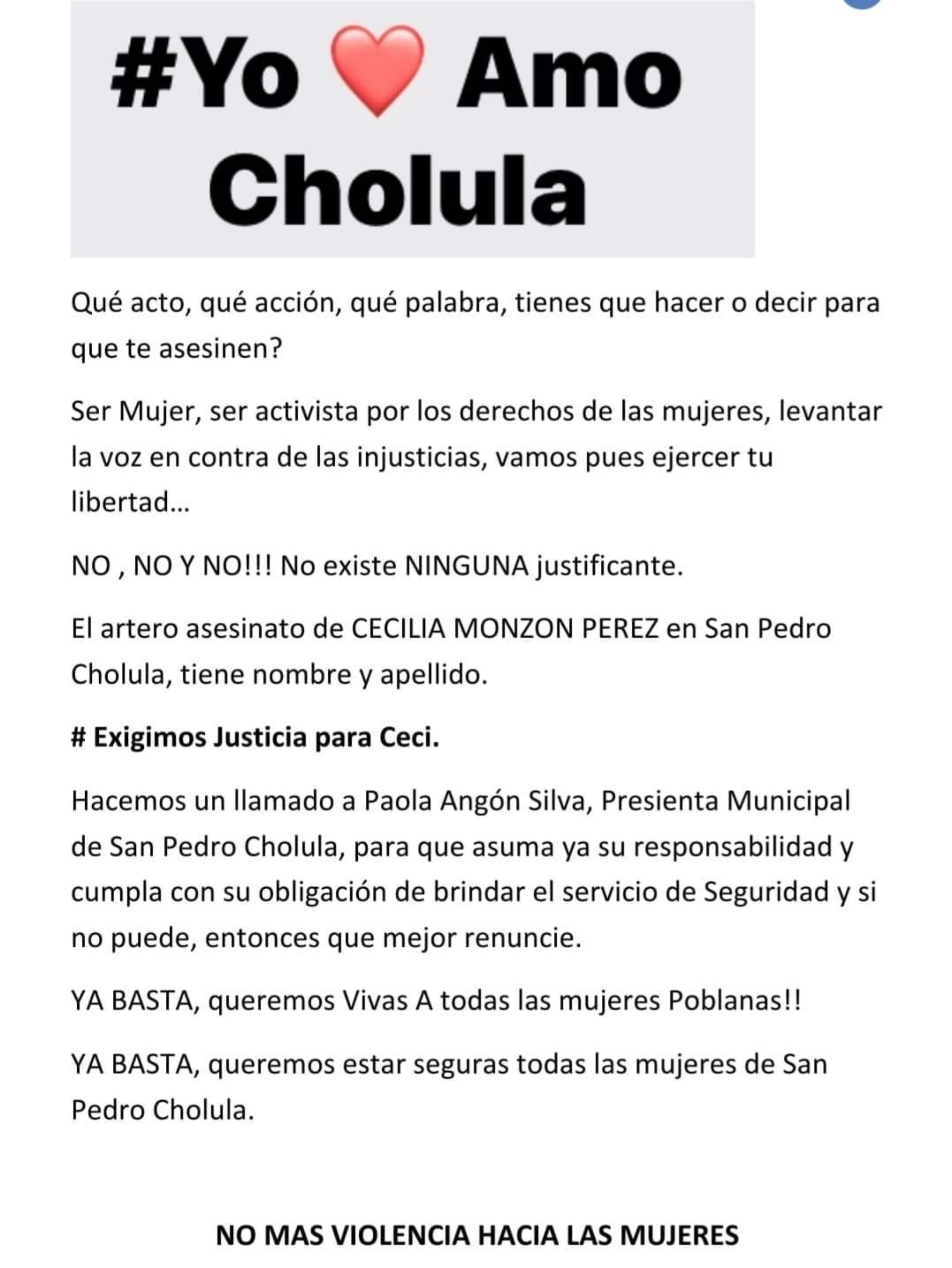 COLECTIVO YO ❤️ AMO CHOLULA EXIGE RENUNCIA DE LA PRESIDENTA DE CHOLULA POR AUMENTO DE INSEGURIDAD