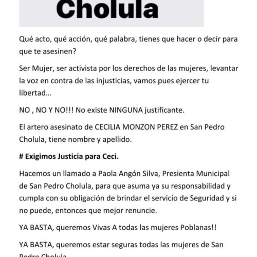 COLECTIVO YO ❤️ AMO CHOLULA EXIGE RENUNCIA DE LA PRESIDENTA DE CHOLULA POR AUMENTO DE INSEGURIDAD